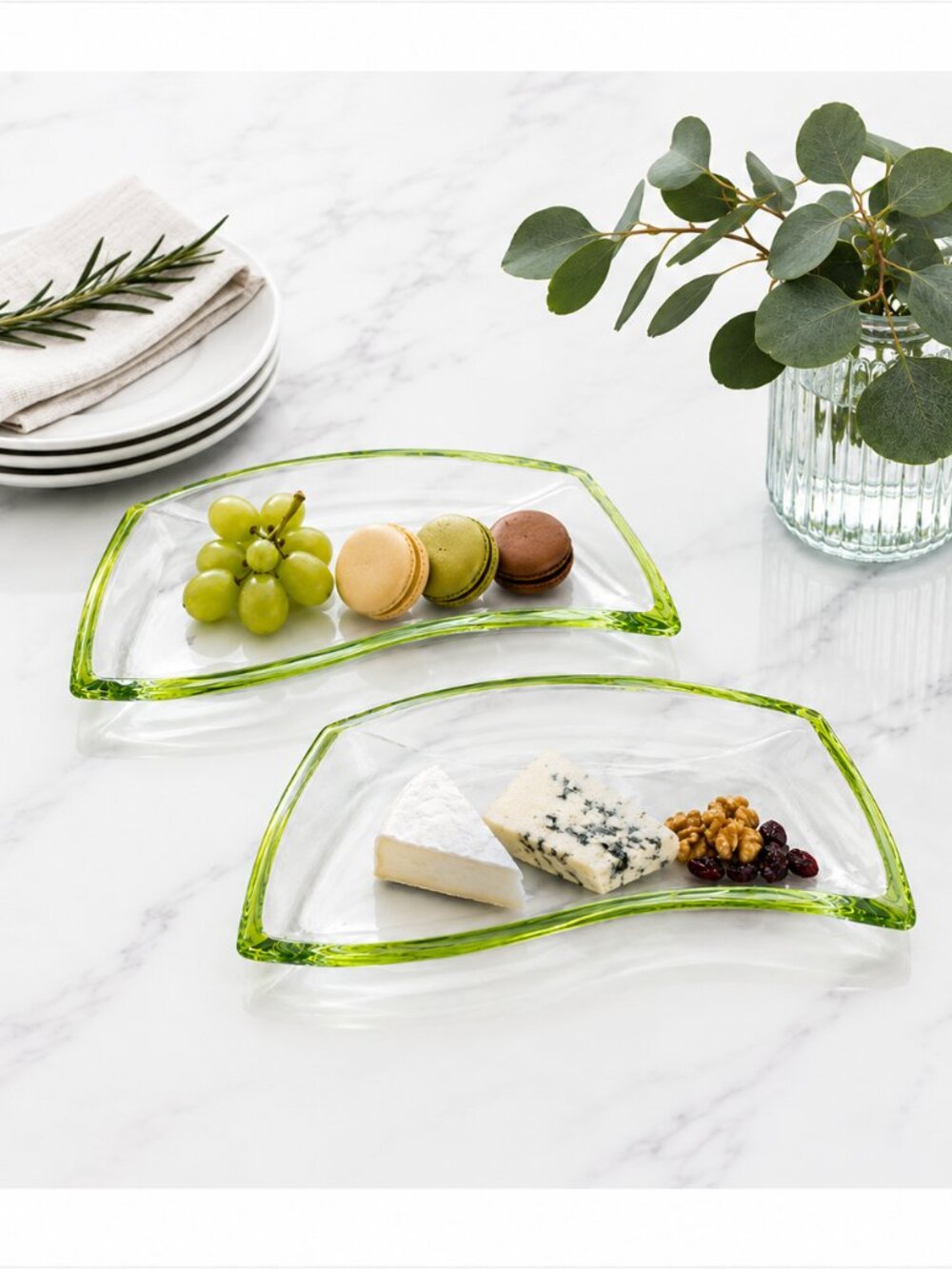 Leonardo Set of 2 Art Glass Serving Trays Green Rim Freeform Platter New w/ Tags